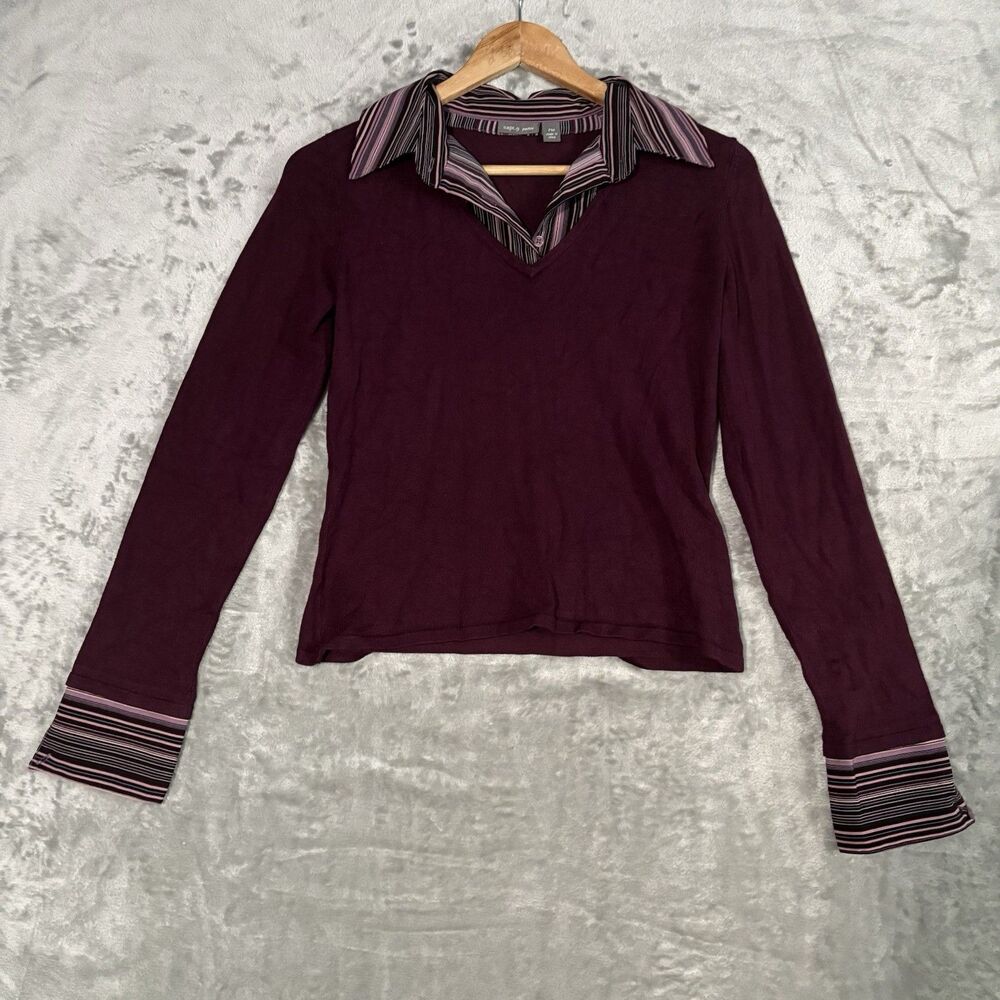 Apt. 9 Petite Sweater PM Burgundy Knit Layered  Striped Collared Retro Office